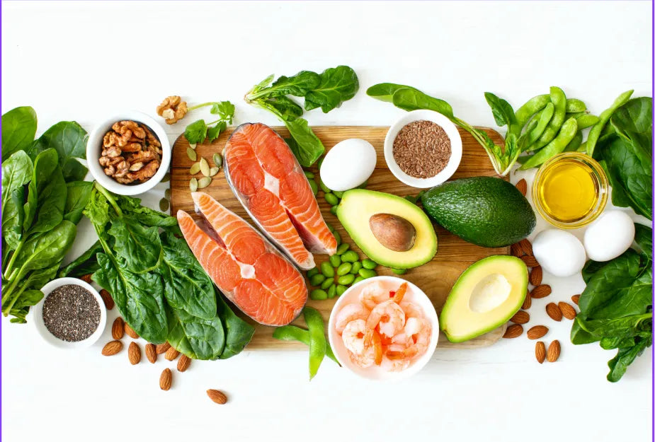 A colorful plate featuring salmon, walnuts, and chia seeds, showcasing Omega 3 fatty acids foods for a healthy diet.