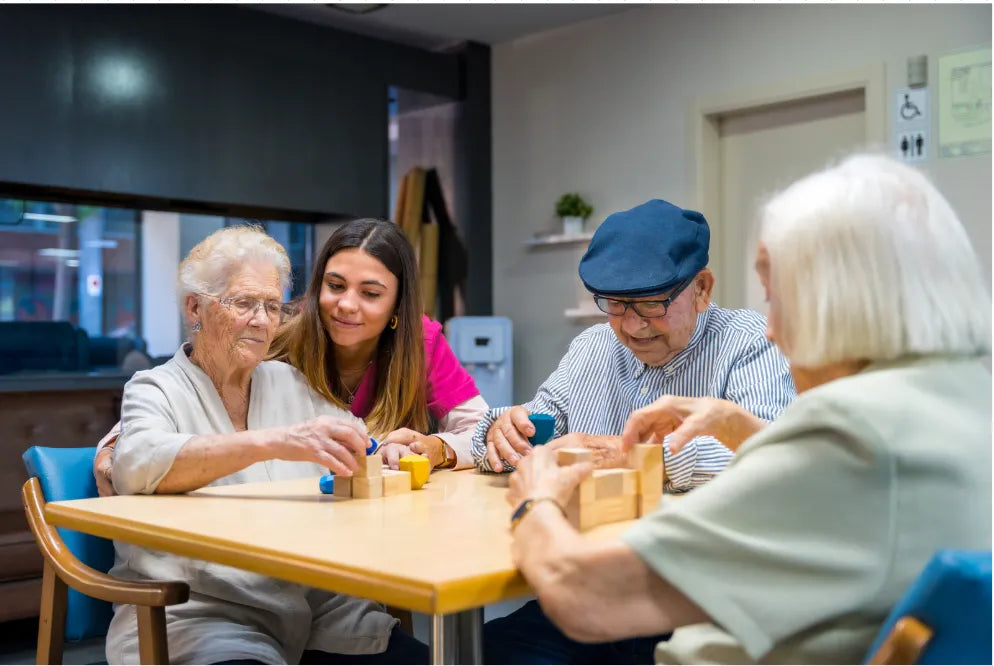 A family enjoying brain activity games together, promoting cognitive engagement for all ages.